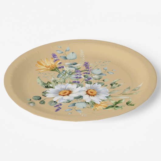 シークインライトイエローデイジーラベンダーシャワー ペーパープレート (アングル)