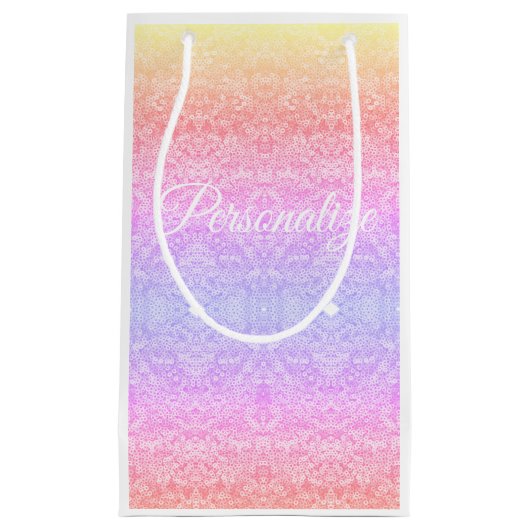 シークインレースパターンのグラデーションピンクの金ゴールド紫 スモールペーパーバッグ (正面)