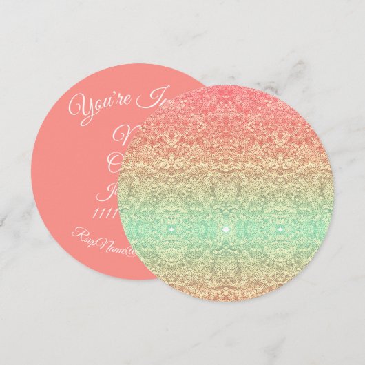 シークインレースパターンのグラデーションピンクの金ゴールド緑 招待状 (正面/裏面)