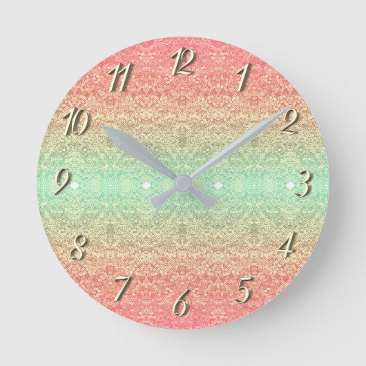 シークインレースパターングラデーションピンク金ゴールドグリーン ラウンド壁時計 (正面)