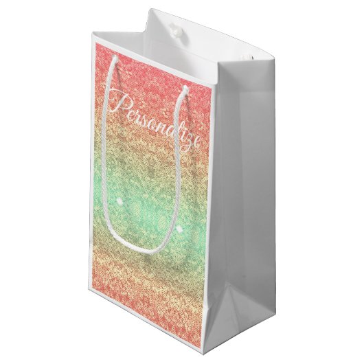 シークインレースパターングラデーション桃金ゴールド緑 スモールペーパーバッグ (正面アングル)