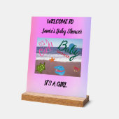 シークリッター赤ちゃんシャワーピンク背景 アクリルサイン (傾斜)