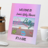 シークリッター赤ちゃんシャワーピンク背景 台座サイン (インサイチュ)