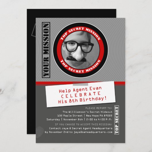 シークレットエージェンカスタムトのフォト誕生日招待状 招待状 (正面/裏面)