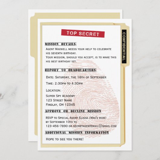 シークレットエージェントスパイ任務ファイル誕生日パーティー 招待状 (正面/裏面)
