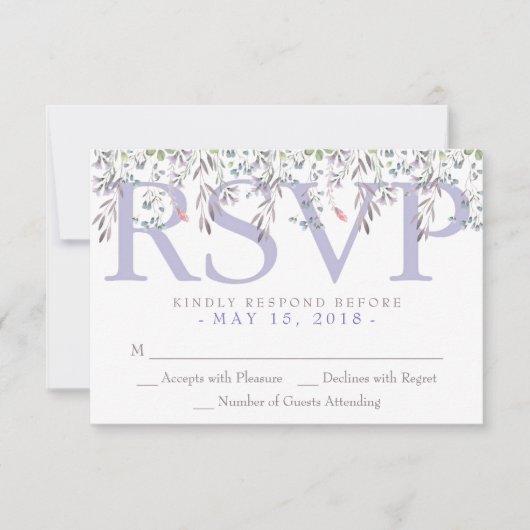 シークレットガーデンウォーターカラーフローラ薄紫RSVP 出欠カード (正面)