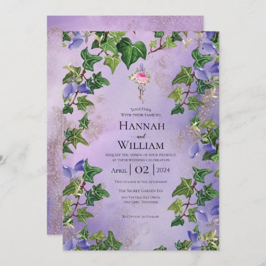 シークレットガーデン薄紫とつる植物結婚式招待状 招待状 (正面/裏面)