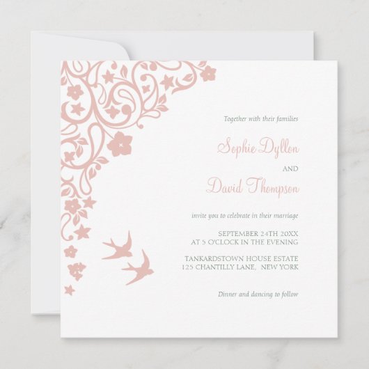 シークレットガーデン赤面ピンクフローララブバード結婚ズ 招待状 (正面)