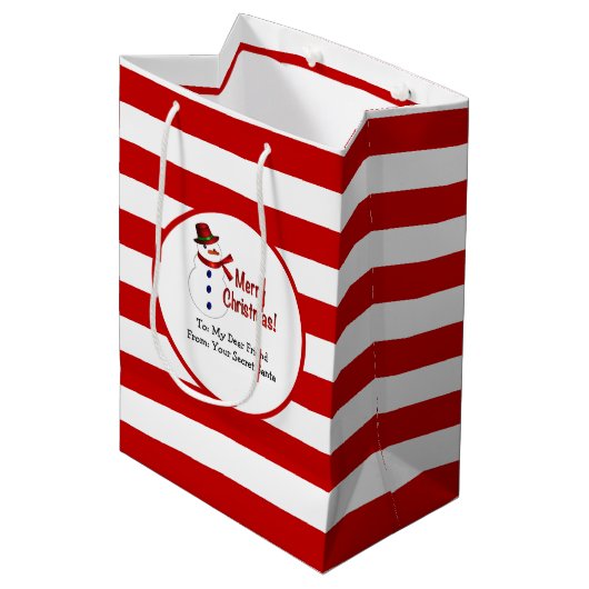 シークレットサンタレッドストライプクリスマスメリークリスマス雪だるま ミディアムペーパーバッグ (正面アングル)
