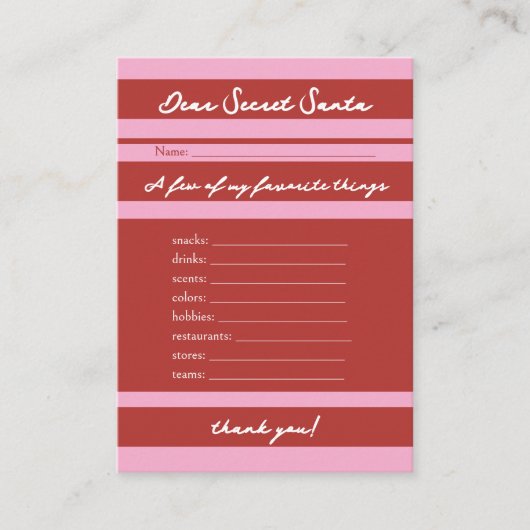 シークレッ親愛トサンタギフトカバナピンクストライプ名門私立校風の エンクロージャーカード (正面)