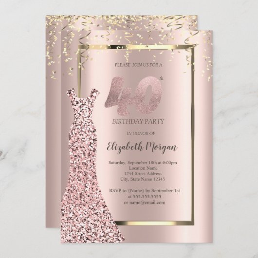 シークンズドレスバラ金ゴールド40th誕生日 招待状 (正面/裏面)