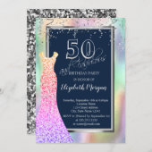 シークンズドレスレインボーホログラフィック50誕生日 招待状 (正面/裏面)