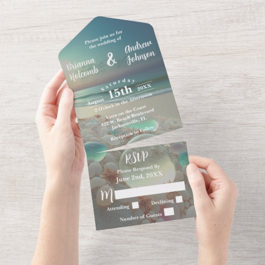 シーグラスショアーズビーチウェディング オールインワン招待状 (貼ってはがせる)