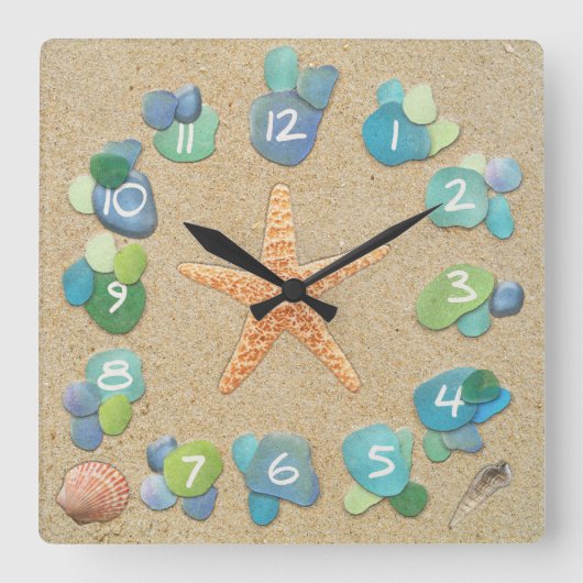 シーグラス砂ヒトデ貝 スクエア壁時計 (正面)