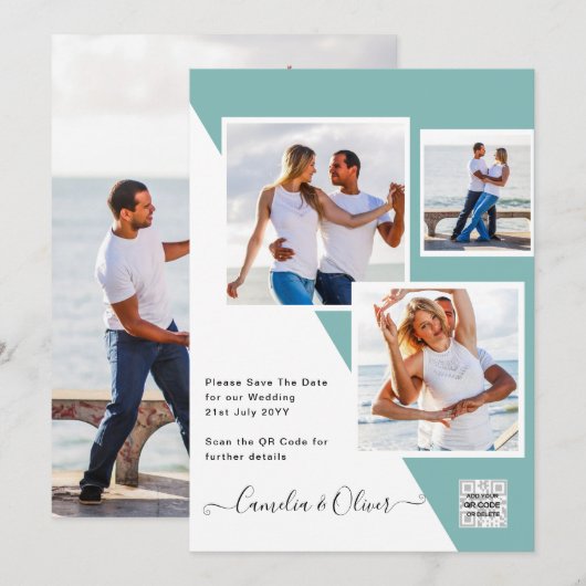 シーグラス フォト ウェディング インビテ QRコード セーブ デート 招待状 (正面/裏面)