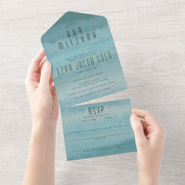 シーグラデーションブルーエレガントこうもりカスタムバー（ユダヤ教の）バル・ミツバー オールインワン招待状