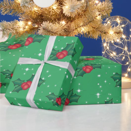シーグリーンに咲く雪と星のあるホリーベリー ラッピングペーパー (クリスマス)