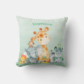 シーグリーンの水彩色がかわいいサファリジャングル動物 クッション (正面)