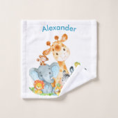 シーグリーンの水彩色がかわいいサファリジャングル動物 バスタオルセット (ウォッシュタオル)