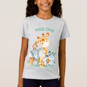 シーグリーンの水彩色がかわいいサファリジャングル動物 Tシャツ