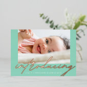 シーグリーンバラ金ゴールド書導入写真ベビー 箔招待状 (立ち正面)