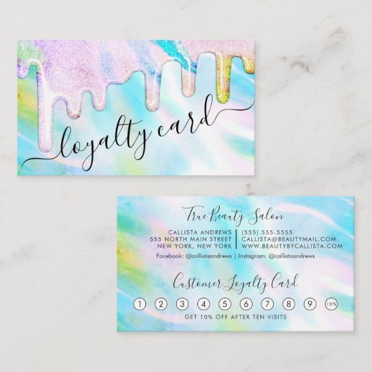 シーグリーンホログラフィック厚いグリッタードリップロイヤリティ ロイヤリティカード (正面/裏面)