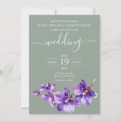 シーグリーン・スクリプトの紫のラン結婚ド 招待状 (正面)