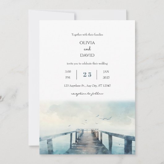 シーグルスオ素朴ーバーピア水彩ビーチ結婚式 招待状 (正面)