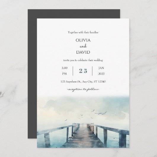 シーグルスオ素朴ーバーピア水彩ビーチ結婚式 招待状 (正面/裏面)