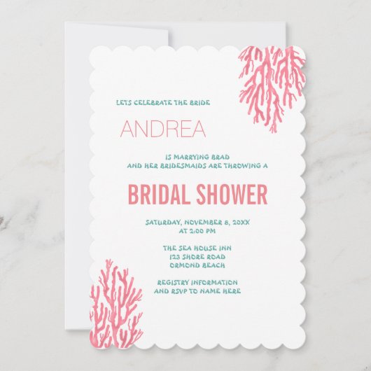 シーコーラルンブルー文字ブライダルシャワー 招待状 (正面)