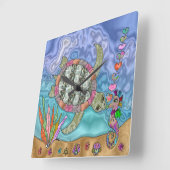 シーサイケデリックタートルシーホースアート スクエア壁時計 (傾斜)