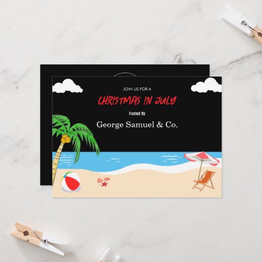 シーサイドクリスマス7月の名前をカスタムするログ&文字 招待状 (正面/裏面インサイチュ)