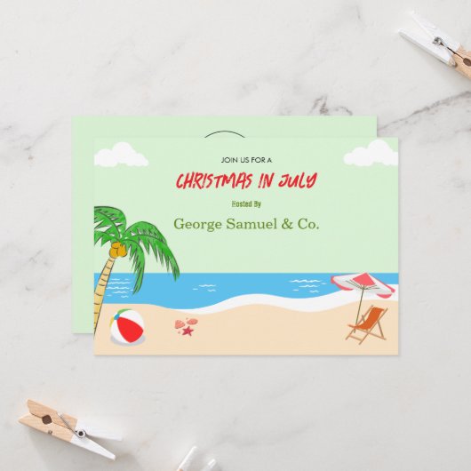 シーサイドクリスマス7月の名前をカスタムするログ&文字 招待状 (正面/裏面インサイチュ)