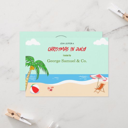 シーサイドクリスマス7月の名前をカスタムするログ&文字 招待状 (正面/裏面インサイチュ)