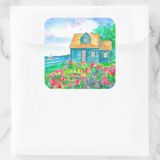 シーサイドコテージセーリングウォーターカラー スクエアシール (バッグ)