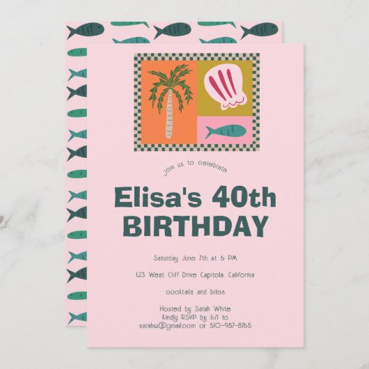 シーサイドソイモダンリーかわいカスタムい誕生日パーティー 招待状 (正面/裏面)