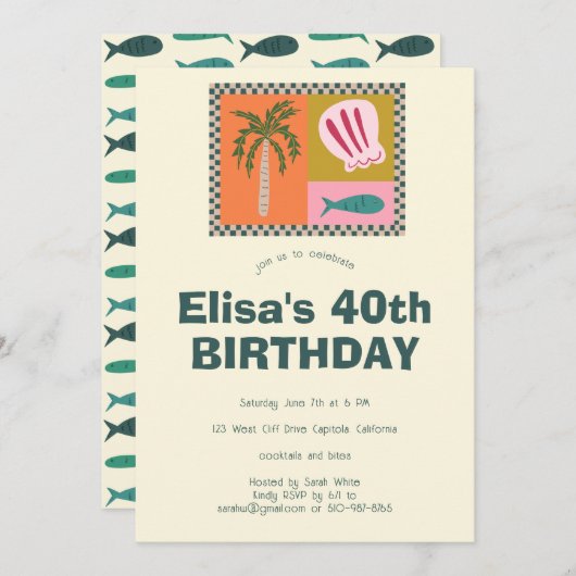 シーサイドソイモダンリーかわいカスタムい誕生日パーティー 招待状 (正面/裏面)