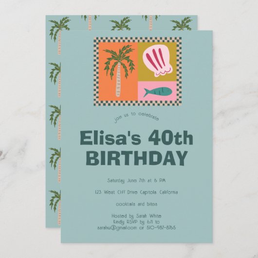 シーサイドソイモダンリーかわいカスタムい誕生日パーティー 招待状 (正面/裏面)