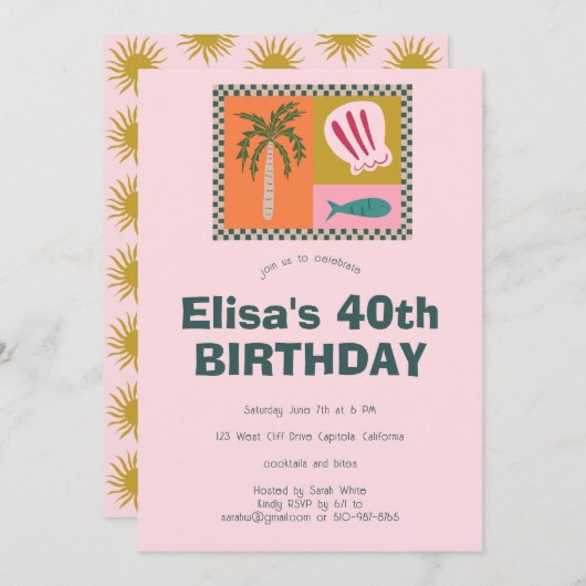 シーサイドソイモダンリーかわいカスタムい誕生日パーティー 招待状 (正面/裏面)