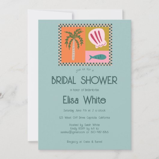 シーサイドソーリーモダンブライダルシャワーカウカスタムイQR 招待状 (正面)