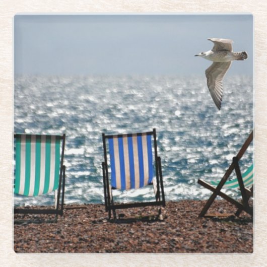 シーサイドデッキチェアとカモメ ガラスコースター (正面)