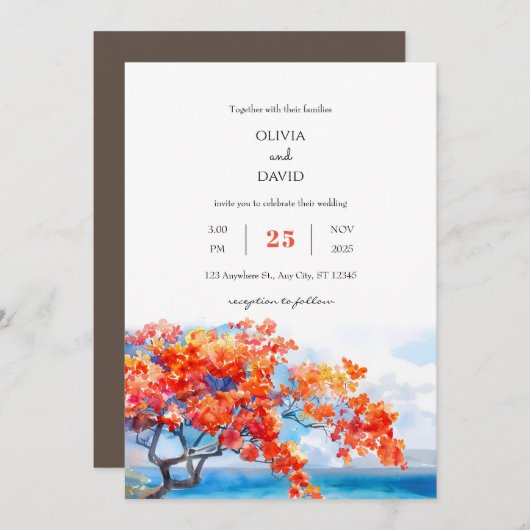 シーサイドトロピカルフラムツリーフラムスビーチ結婚式 招待状 (正面/裏面)