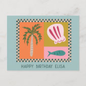 シーサイドハッピーバースデーモダンかわいい名前をカスタムする ポストカード (正面)
