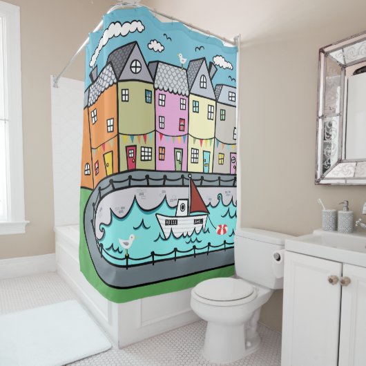 シーサイドハーバーをテーマ航海のにした シャワーカーテン (インサイチュ)
