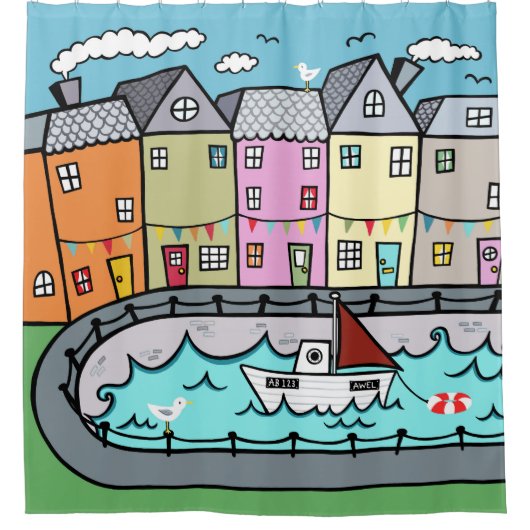 シーサイドハーバーをテーマ航海のにした シャワーカーテン (正面)