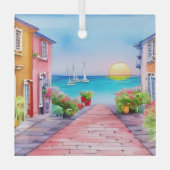 シーサイドビレッジサンセットウォーターカラー ガラスオーナメント (正面)