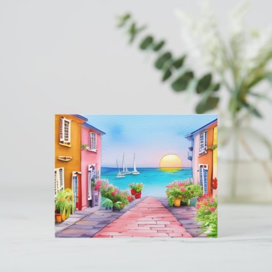 シーサイドビレッジサンセットウォーターカラー ポストカード (スタンド正面)