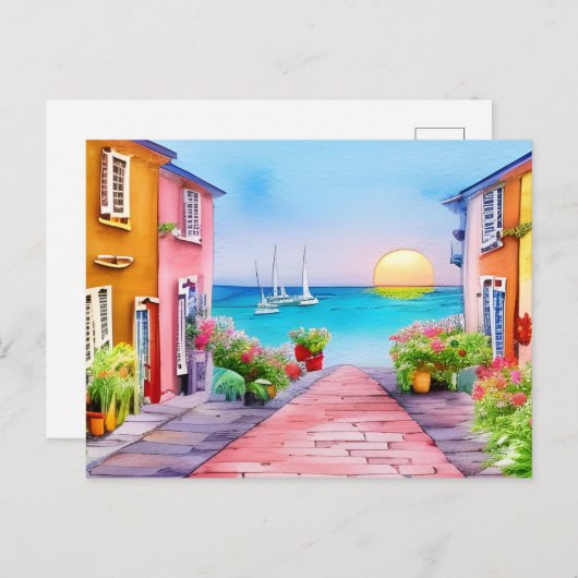 シーサイドビレッジサンセットウォーターカラー ポストカード (正面/裏面)