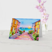 シーサイドビレッジサンセットウォーターカラー 箔グリーティングカード (蘭)