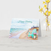 シーサイドビーチシーンティール（緑がかった色）チェアフラワーズ誕生日 カード (黄色い花)